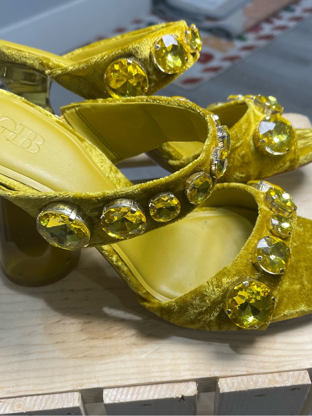 Gianni Bini Green Jeweled Velvet Slide Heels - Picture 4 of 6